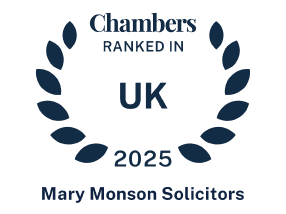 The logo has a white background consisting of letters surrounded by modernised leaves imitation in dark blue.  At the top, it reads Chambers Top Ranked. In the middle, there is written UK in big capitalised letters. 2025 and Mary Monson Solicitors is written to the bottom.