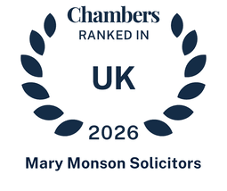 The logo has a white background consisting of letters surrounded by modernised leaves imitation in dark blue.  At the top, it reads Chambers Top Ranked. In the middle, there is written UK in big capitalised letters. 2025 and Mary Monson Solicitors is written to the bottom.