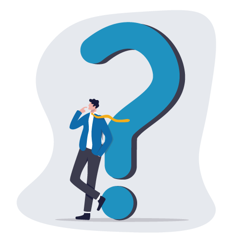 An illustration of a man, who is leaning with his back on a huge blue question mark