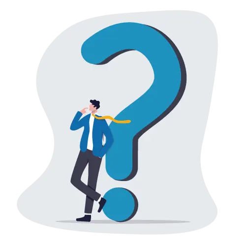 An illustration of a man, who is leaning with his back on a huge blue question mark
