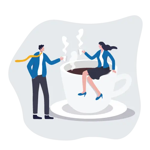 An illustration of a man standing next to a huge cup of coffee, a woman sitting on the huge coffe cup, both drinking coffee