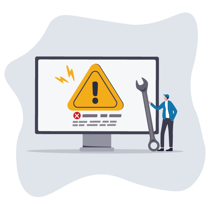 Illustration of a yellow warning sign, man holding a wrench, trying to fix the server