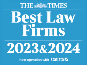 The logo has a sky-blue background consisting of three lines written in white. The first line has The Times newspaper logo. The second line states "Best Law Firms 2023 and 2024" in big letters. The third line prints "In co-operation with Statista" in small writing. 