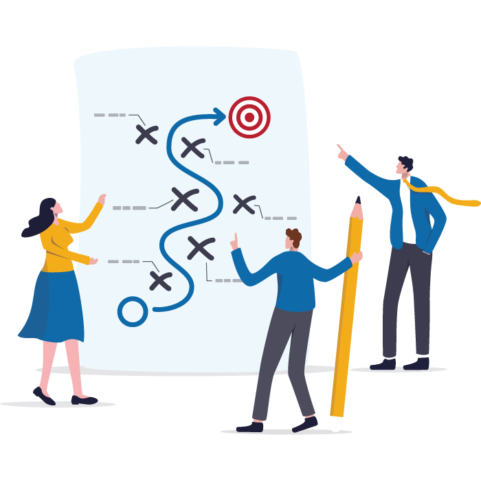 An illustration is where three solicitors discuss a plan to achieve their goals. A woman is holding a giant piece of paper where they have drawn the plan. One of the men is holding a big pencil and discussing his strategy. The second man is pointing toward the end goal. 